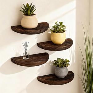 4 Pcs Solid Wood Half Round Floating Wall Shelves, Elegant Floating Wooden Shelves, 8.27 Inch Wall Shelf for Living Room, Bathroom, Bedroom, Offices, Pictures Plant Book (Dark Brown)
