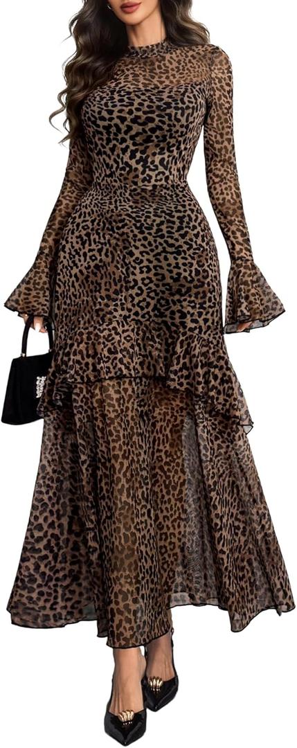 GothDark Womens Floral Maxi Dress Sheer Mesh Bell Sleeve Tiered Ruffle Gothic Romantic Casual Long Dresses (Medium, Leopard Print)