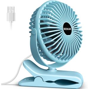 BESKAR Clip on Fan, Portable Small Desk Fans with Strong Airflow, 3 Speeds with Personal Fans Sturdy Clamp, Quiet Desk Fan & Clip Fan with USB Cord Powered - No Battery (Sky Blue)