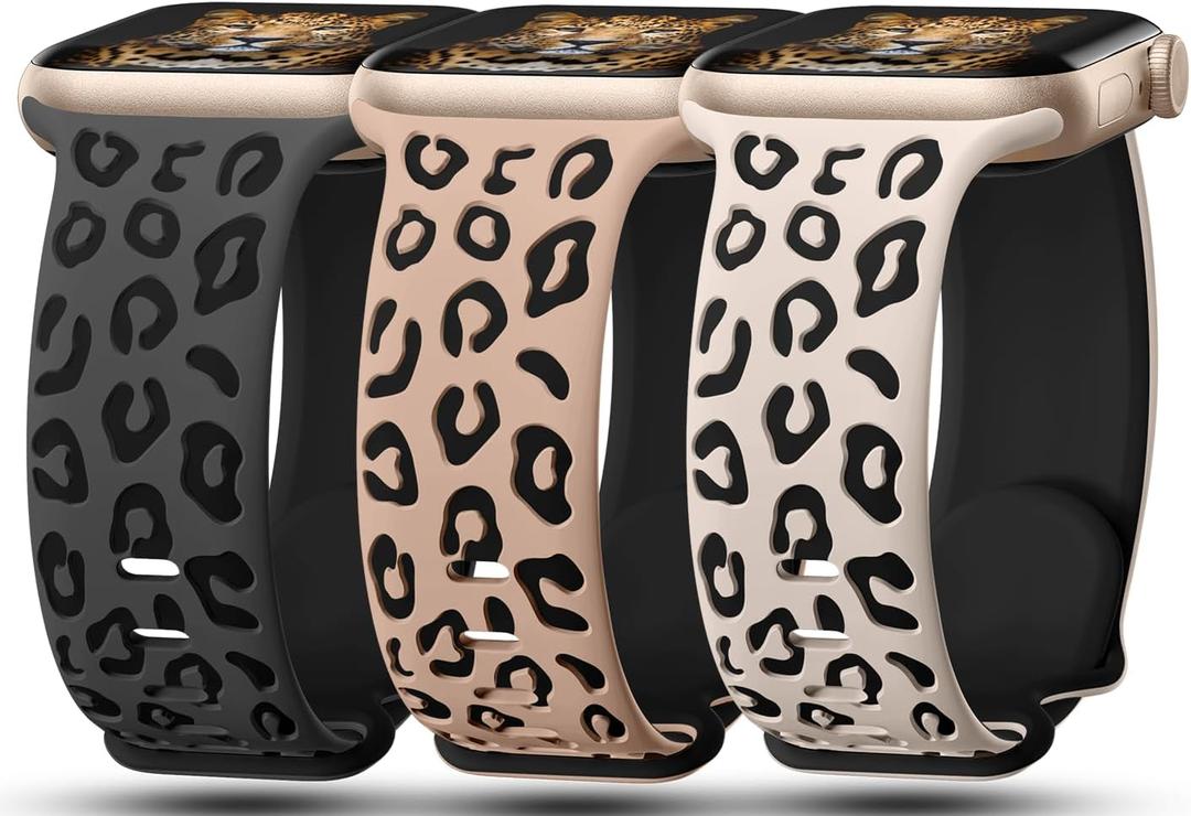 3 Pack Leopard Engraved Bands Compatible with Apple Watch Band 41mm 40mm 38mm 42mm 44mm 45mm 46mm 49mm Women, Soft Silicone Cheetah Embossed Sport Strap for iWatch Series 10 9 8 7 6 5 4 3 2 1 Ultra