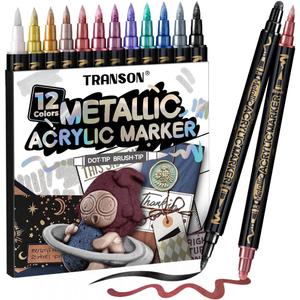 TRANSON 12Colors Metallic Paint Markers Bold and Brush Dual-tip for Rock Wood Ceramic Canvas DIY Painting Drawing