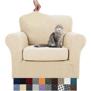 YEMYHOM Latest Checkered 2 Pieces Chair Covers for Living Room High Stretch Thickened Chair Slipcovers with Arms Anti Slip Elastic Armchair Sofa Couch Slipcover Protector (Beige), 31"-46"(1 Cushion)