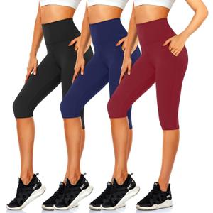 CTHH 3 Pack Capri Pants with Pockets - High Waisted Knee Length Yoga Leggings, Workout Biker Shorts for Women Running Summer L/XL