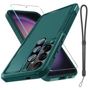 RMOCR Case for Samsung Galaxy S25, Full Body Heavy Duty Rugged Shockproof Protective Phone Cover with Lanyard Strap, Tempered Glass Screen Protector and Camera Lens Cover, Dark Green
