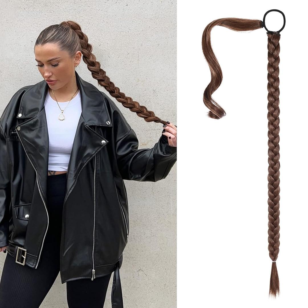 SEIKEA Upgraded Long Braid Ponytail Extension with Elastic Tie Straight Sleek Wrap Around Braid Hair Extensions Ponytail Medium Brown with Medium Auburn 34 Inch (After Braided 30 Inch)