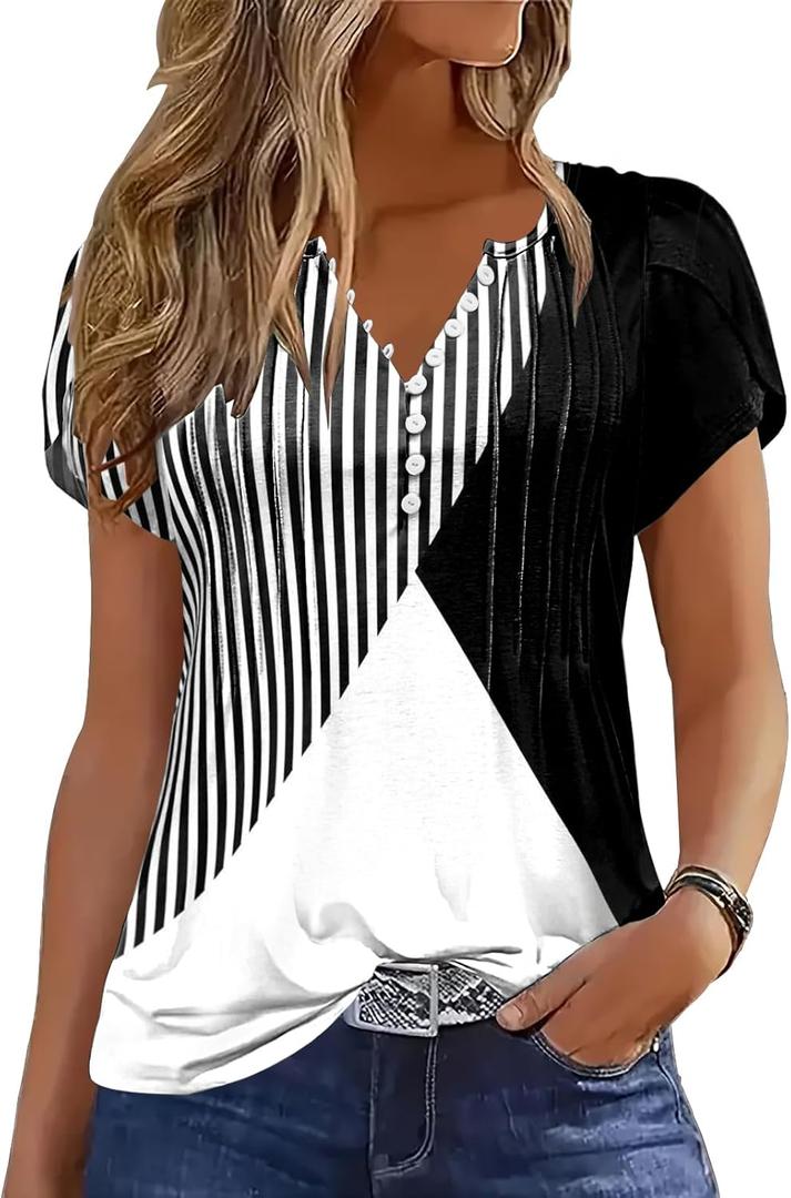 Disamer Summer Tops for Women Petal Short Sleeve Shirts Dressy Pleated Tunic 2026 Casual V Neck Button Down Blouses (Large, Striped Black)