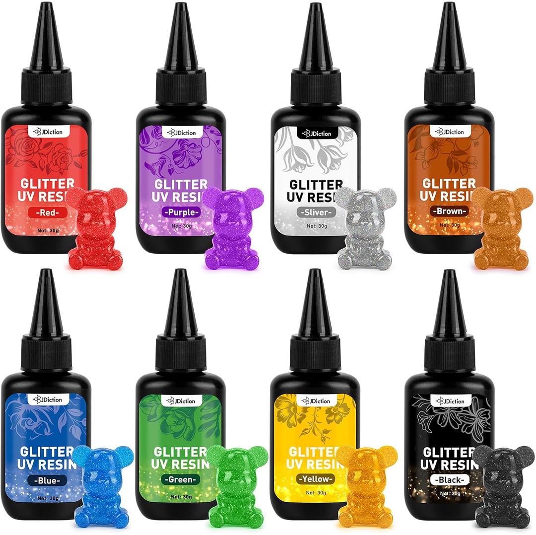 JDiction Glitter Colored UV Resin, 8 Colors Metallic UV Resin with Sparkling Effect, Hard Glitter Resins Kit for Jewelry Making, Colored Casting and Coating, Crafts and Decoration