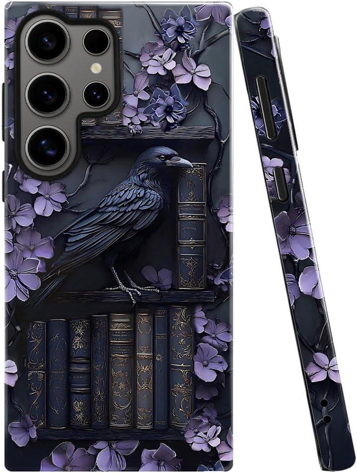 Case for Samsung Galaxy S25 Ultra,Purple Floral Crow Bookshelf Phone Case Drop Resistant Glossy 2 in 1 Solid Dual-Layer Cover for Girl Women