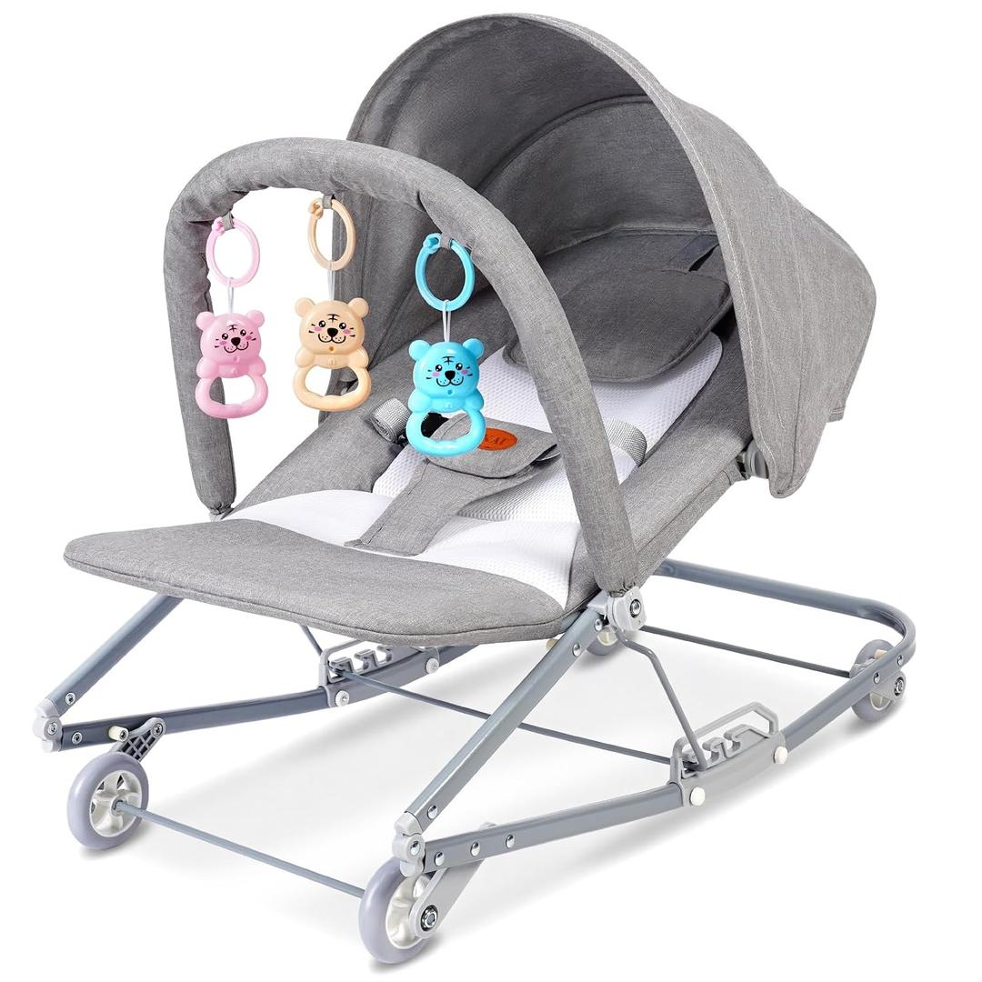 HKAI Rocking Baby Bouncer with Canopy, 2-Mode Rocking & Rolling Infant Seat, Portable Baby Chair for 0-18 Months, Grey
