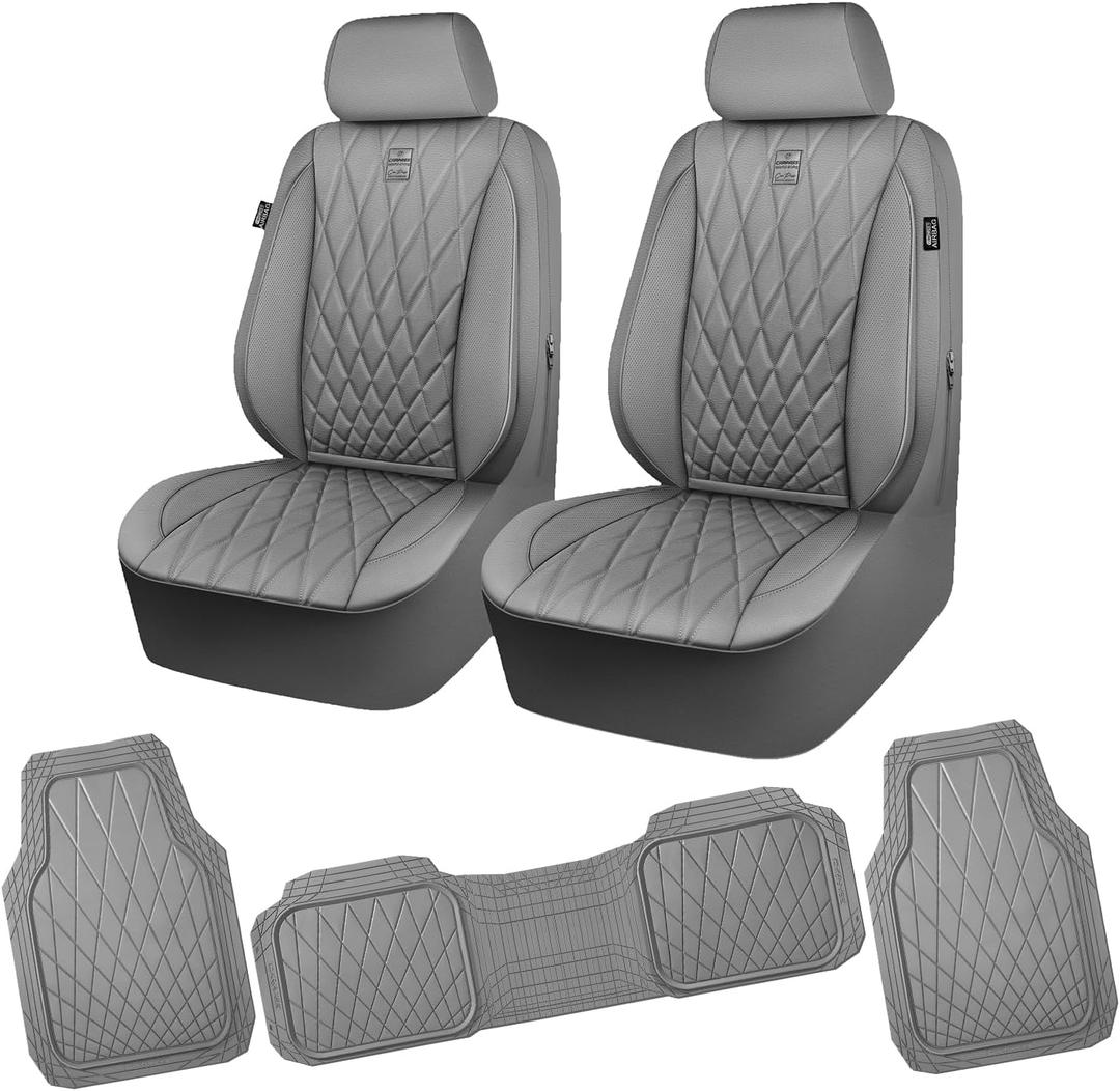CAR PASS Piping Luxury PU Leather Two Front Car Seat Covers and 3 Pieces Heavy Duty Rubber Deep Dish All Weather Car Floor Mats, Universal Fit for 95% Sedan SUV Van Truck, All Gray
