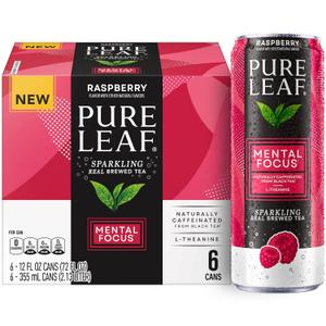 Pure Leaf Mental Focus Sparkling Real Brewed Iced Tea, Raspberry, 12 fl oz Cans (6 Pack), Caffeine, L Theanine, Zero Sugar, Zero Calories (EXP 12/07/26)
