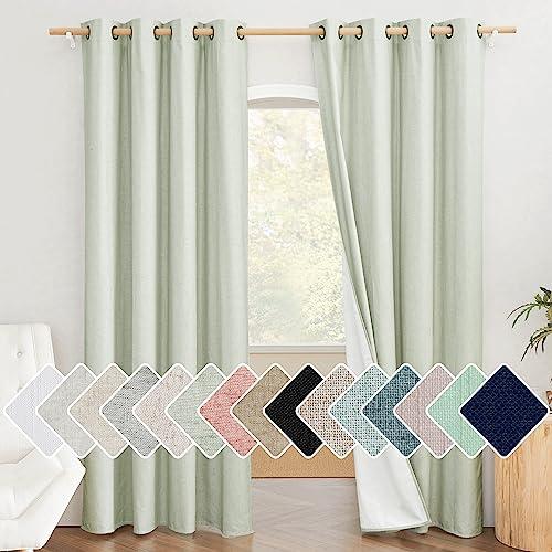 NICETOWN Sage Green Living Room Completely Shaded Linen Textured Draperies, 2 Pieces, W52 x L84, Privacy Protection & Noise Reducing Ring Top Drapes, White Lined Insulated Window Treatment Curtains