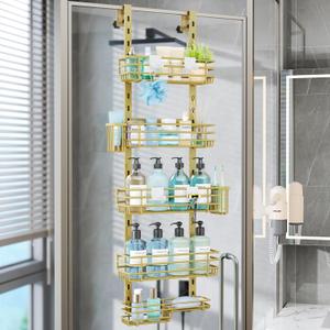 Consumest Over The Door Shower Caddy - 5 Tier Adjustable Shower Organizer Hanging with 2 Toothbrush Holders & 4 Hooks, Rustproof Organizer Shelf, Storage Rack for Bathroom, Gold