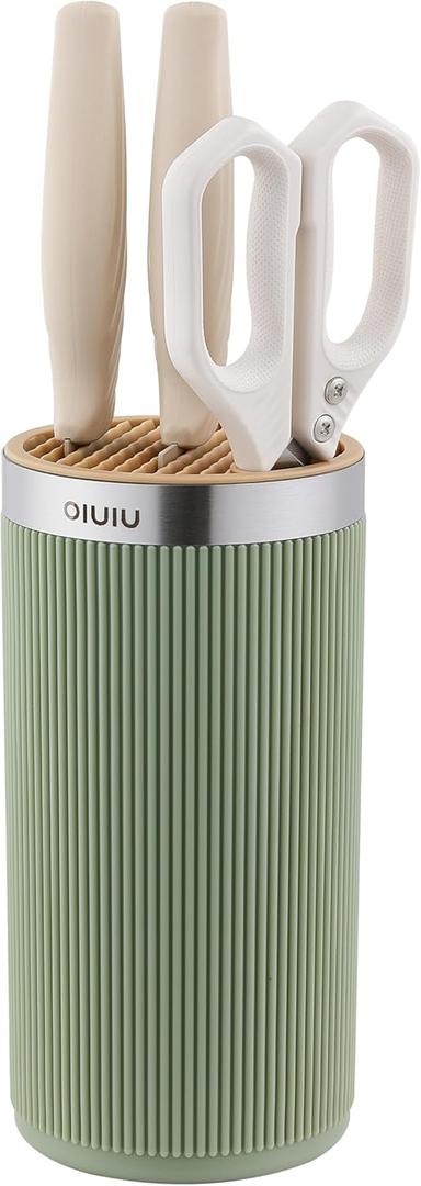 Knife Block without Knives, OLULU Universal Round Knife Block Holder, Spacing Saving Knife Storage Organizer Stand Rack for Countertop (Stylish Green+Yellow Color)