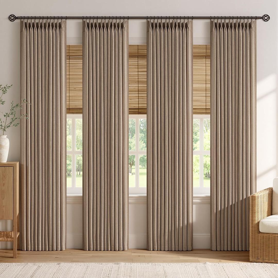 MIULEE 4 Panels Pinch Pleated Linen Curtains 90 Inches Linen Brown | Long Curtains for Living Room Bedroom Pinch Pleat Drapes Back Tab Memory Trained Semi Sheer Privacy Neutral, Farmhouse, 40"W x 90"L