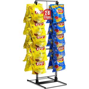 ROSROSE Chip Rack Display Stand, Potato Chip Rack Bag Holder with 28 Clips, 2 Row Chip Display Stand for Party, Black Retail Snack Display for Countertop, Store Concession Stand  2025 Upgraded