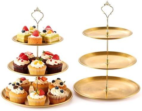 Voittozege 2 Pack Gold Dessert Tiered Tray Stands,Stainless Steel Gold Tiered Dessert Stand, 3 Tiered Golds Cupcake Stand for Christmas Birthday Party Wedding Desserts Table Decorations