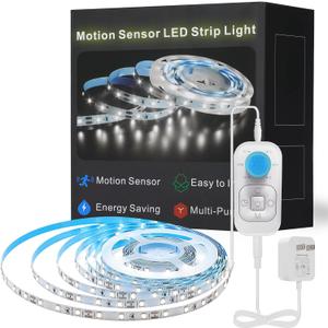 Motion Sensor Led Light Strip - Under Cabinet Lighting with Power Adapter, 6 Adjustable Brightness and Timing, Light Strips for Kitchen Cabinets, Stair, Showcase, Bedroom, 16.4ft 6000K, Cold White