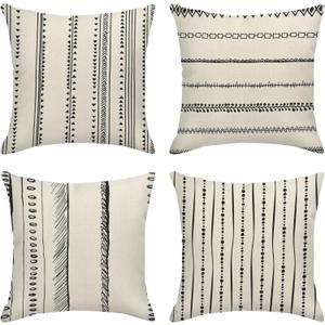ArtSocket Set of 4 Throw Pillow Covers Pattern Black and White Boho Bohemian Geometric Dots Lines of Borders Decor Linen Outdoor Pillow Cases Home Decorative Square 18x18 Inches Pillowcases