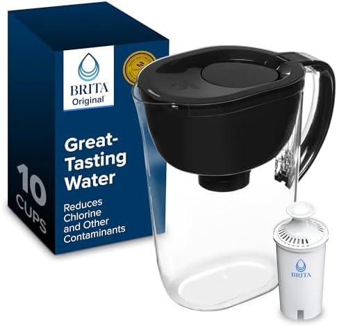 Brita Large 10-Cup Water Filter Pitcher, WQA NSF/ANSI Certified, Removes Chlorine Taste & Odor, Reduces Zinc, Copper & Mercury, 1 Standard Filter, Lasts 2 Months, Black( Used)