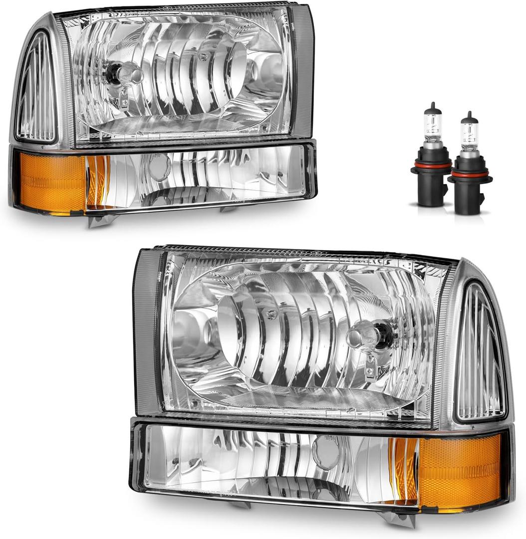 Headlights Assembly for 1999-2004 Ford F250 F350 F450 F550/2000-2004 Ford Excursion Super Duty with Bumper Signal Corner Light, High/Low Beam W/Bulbs - NOT FOR SEALED BEAM MODELS