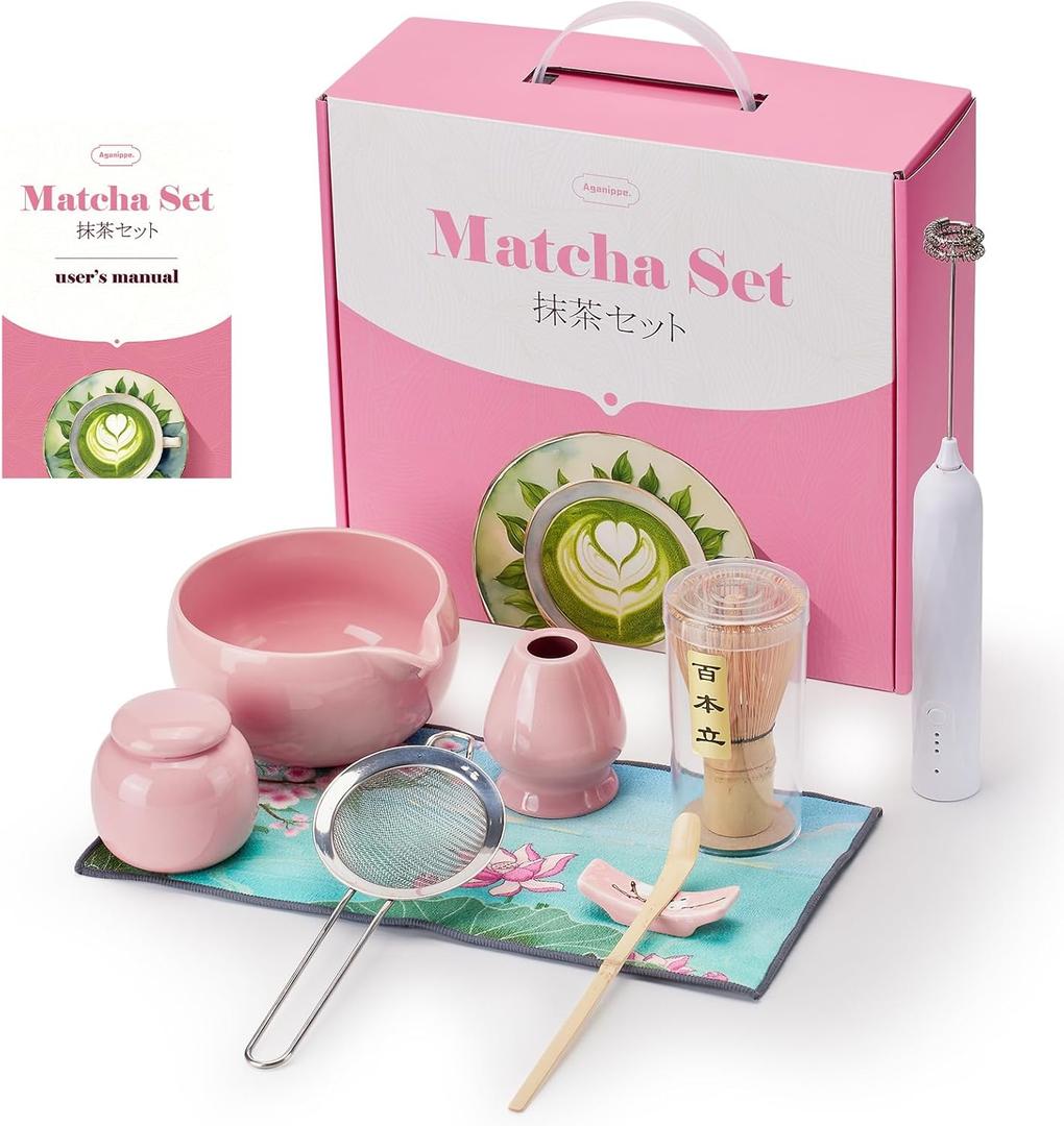 Matcha Whisk Set,9 Pcs Japanese Matcha Set Pink, Matcha Kit with Sifter, Matcha Tea Cloth, Matcha Powder Canister, Electric Rechargeable Frother(Pink)
