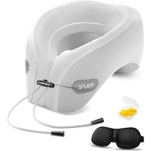 SPUER Ergonomic Neck Pillow for Travel – Comfortable Support for Airplane, Car, and Office with Eye Mask & Earplugs (Gray)