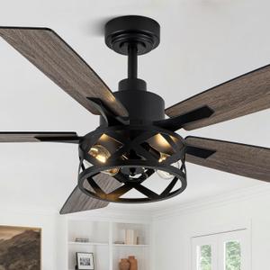 52 Inch Farmhouse Ceiling Fan with Light and Remote Industrial Ceiling Fan Quiet and Reversible DC Motor Rustic Caged Chandelier Fan for Living Room Bedroom Patio (Coarse Metal Frame)
