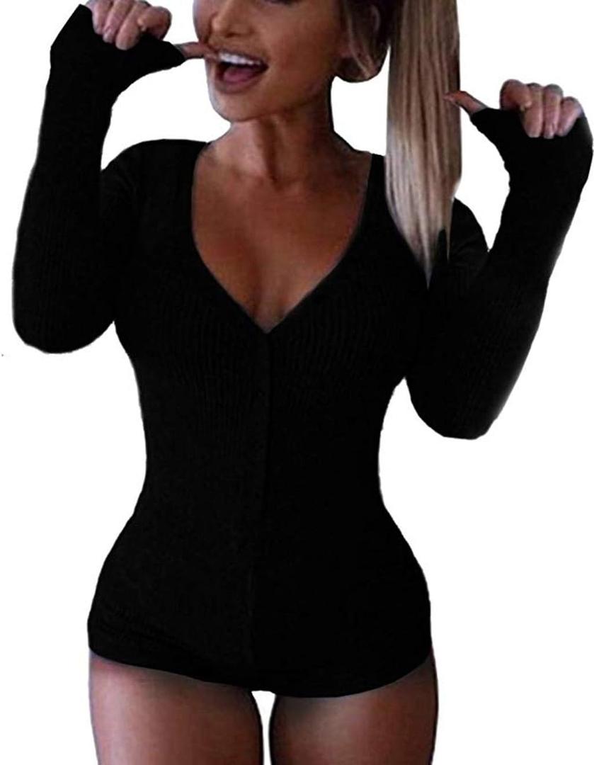 Roselux Women's Sexy Deep V Neck Shorts Long Sleeve Knitted One Piece Bodysuit Sexy Pajama Onesie Bodycon Rompers Overall (Medium)