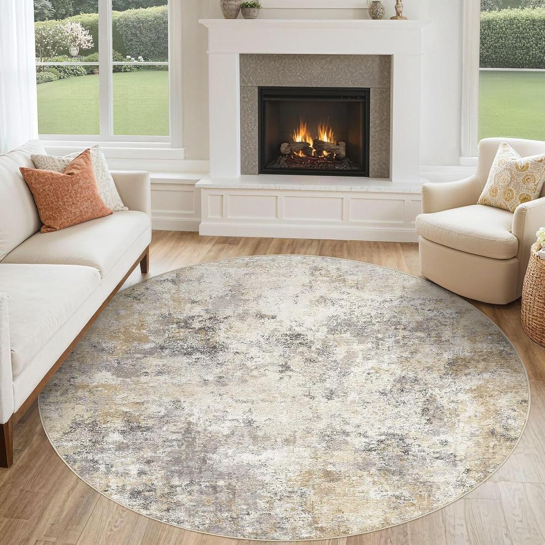 UERMEI 6ft Round Area Rug Living Room Rugs - 6x6 Washable Neutral Modern Abstract Soft Thin Rug Indoor Floor No Slip Rug Carpet for Bedroom Under Dining Table Home Office Decor - Golden Grey