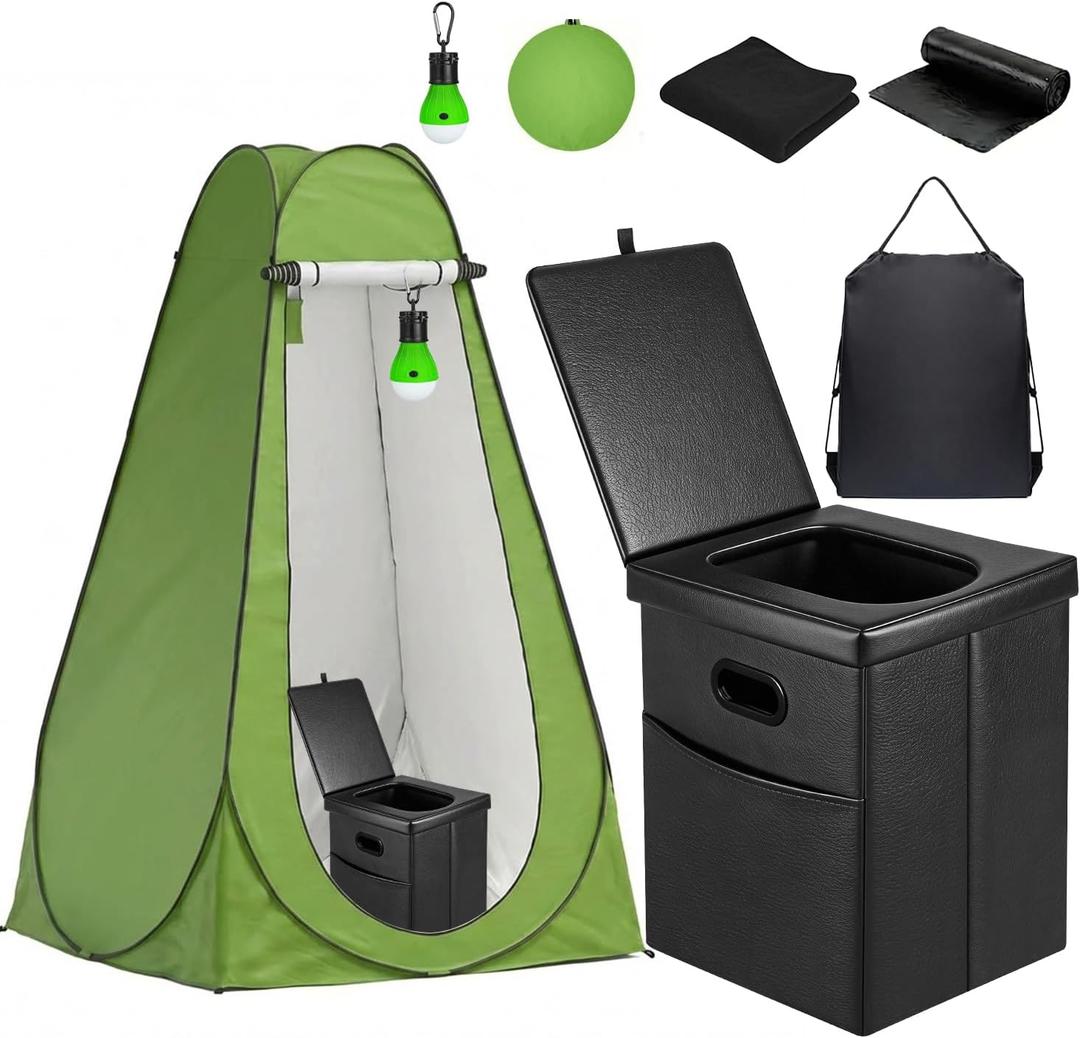 Portable Toilet Kit with Pop-Up Privacy Tent, All-in-One Outdoor Bathroom & Changing Room with Camping Toilet Seat, Waste Bags, LED Light for Camping, RV, Road Trip (Toilet with Green Tent)