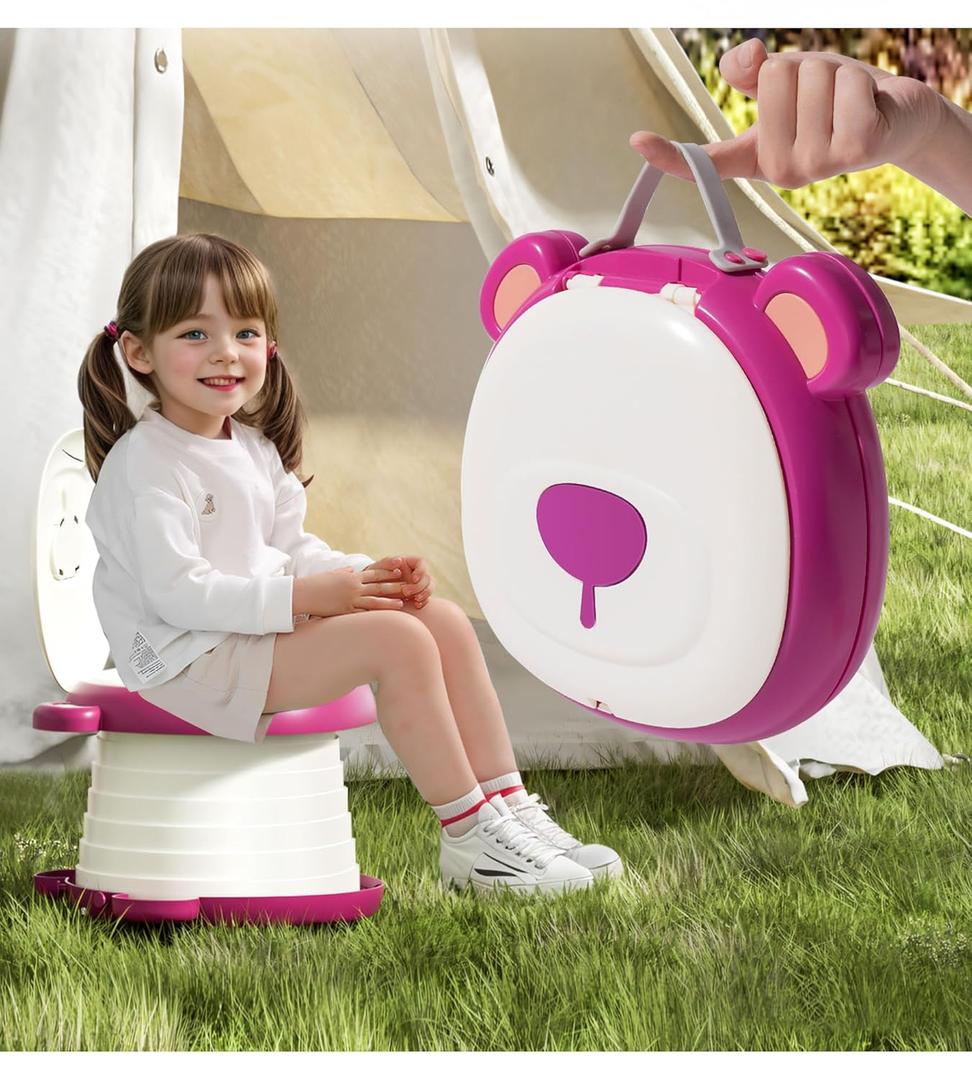Travel Potty Seat for ToddlerFoldable Car Potty for Toddler, Portable Toilet Seat for Kids with Potty Liners, Absorbent Pads, Portable Potty Seat for Toddler Travel, Camping and Outdoor Use (Upgraded Sturdy-Strawberry)