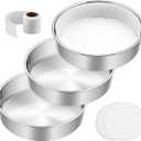 8 Inch Cake Pan Set of 3, E-Far Stainless Steel Round Layer Cake Baking Pans with Parchment Rounds & Side Liner Roll, Non-Toxic & Healthy Metal Cakes Tin, Straight Side & Dishwasher Safe