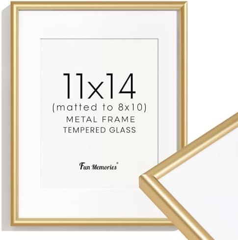 Fun Memories Gold 11x14 Picture Frame, Aluminum Metal Frame 14.25x11.22in with Mat for 8x10, Modern Picture Frame with Tempered Real Glass