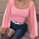 REORIA Women's 2025 Fall Casual Mesh Long Sleeve Square Neck Tops Trendy Cute Dressy Slim Fit Going Out T-Shirts (Pink, L)