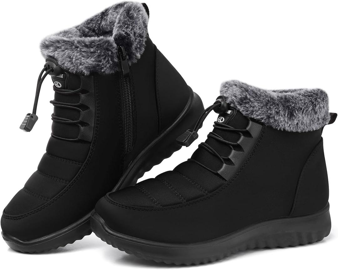 SHIBEVER Winter Boots for Women Snow: Fur Lined Warm Ankle Boots - Adjustable Water Resistant Outdoor Zipper Snow Shoes (7, Black)