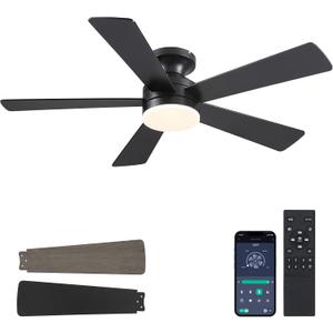 Flush Mount Ceiling Fans with Lights - 46" Black Low Profile Ceiling Fan Light with Remote/APP, 6 Speeds Mute Reversible Motor, Modern Ceiling Fans for Indoor and Outdoor, Bedroom, Patios (Black-46in)