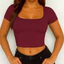 ForeFair Womens Square Neck Going Out Crop Tops Double Lined Tshirts Summer Short Sleeve Tight Tees (XS)
