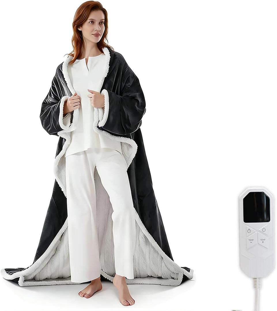 Wearable Heated Blanket with Foot Pocket, Electric Snuggle Throw Blankets Robe with Sleeves for Women Men Gift, 8 Heat Levels & 6 Timer Settings, 50"x 70",Grey