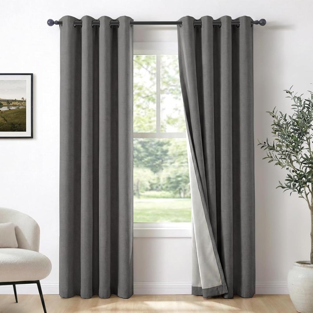 100% Blackout Shield Linen Blackout Curtains for Bedroom 72 Inches Long, Dark Gray Grommet Curtains for Living Room, Thermal Insulated Room Darkening Drapes for Nursery, 50" W x 72" L, 2 Panels