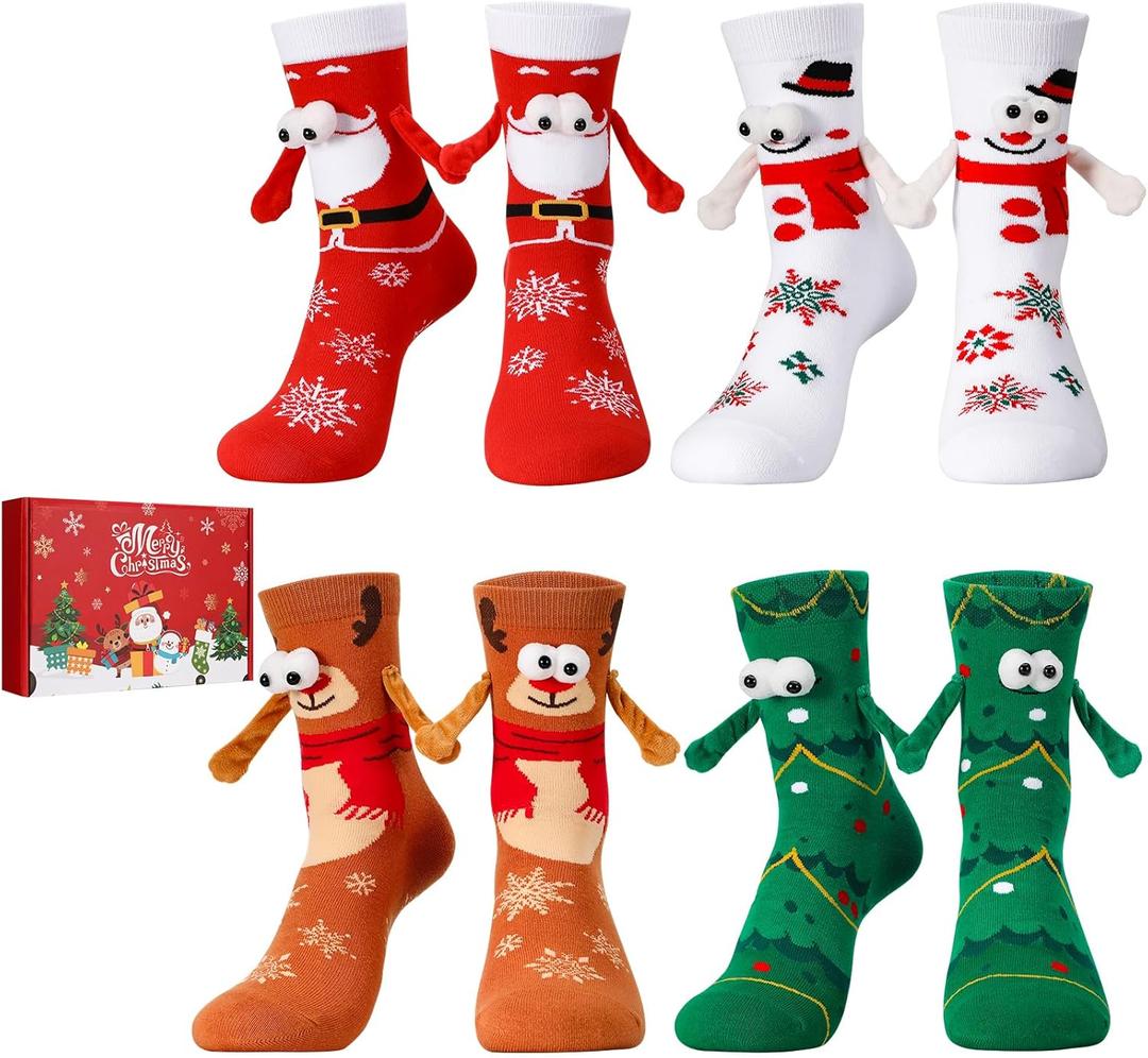 scenicamp 4 Pairs Funny Christmas Socks Magnetic Holding Hands Socks Novelty Christmas Stocking Stuffers Xmas Secret Santa Gag Gifts for Women Men Couples
