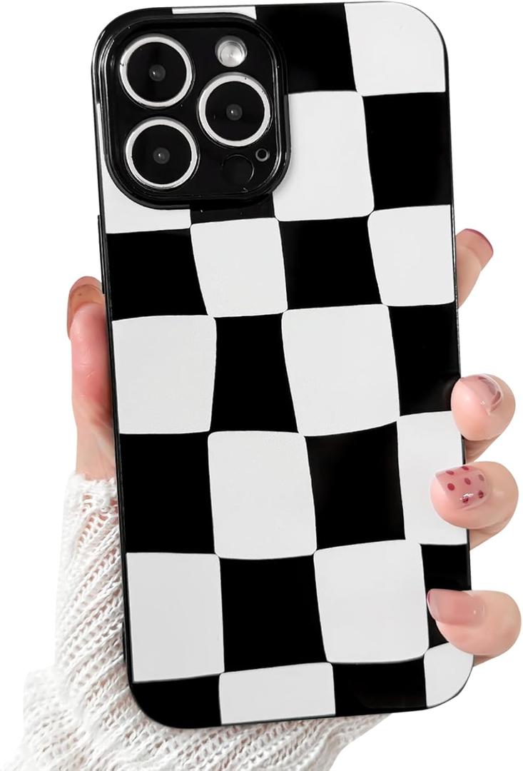NITITOP Compatible with iPhone 14 Pro Case Cute Aesthetic Checkerboard Larger Blocks Pattern for Women Girl Trendy Slim Fit TPU Silicone Shockproof Full Camera Protection Cover - Black and White