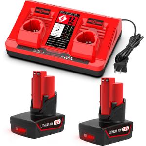 2-Pack 6.5Ah 12V Battery and Charger Set Compatible with Mil-wau-kee 12V Tools 48-11-2420 48-11-2401 48-11-2402 48-11-2450 Battery and 48-59-2401 Charger