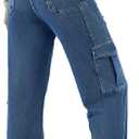 Pull On Elastic Waist Cargo Jeans for Women - Mid Rise Wide Leg Comfort Fit Stretchy Soft Denim Pants, Size 14