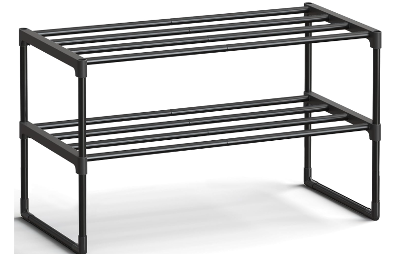 SONGMICS Shoe Rack, 2-Tier Shoe Organizer, Metal Storage Shelf, Upright or Upside Down, for 6-9 Pairs, Stackable, for Entryway, 11.8 x 26.8 x 14.6 Inches, Black ULSA202B01