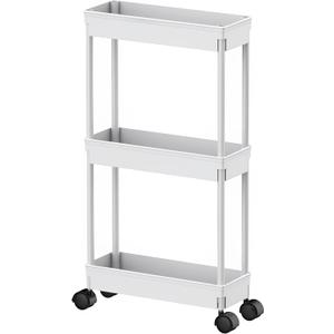 Sooyee 3 Tier Rolling Cart with Wheels, Slim Storage Cart, Under Desk Narrow Rolling Utility Cart Storage Organizer for Office Bathroom Kitchen Laundry Room Narrow Places, White, Plastic and Metal