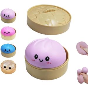 Dumpling Squishies Toy, Giant Glitter Dumpling, Colorful Dumplings Stress Balls Fidget Sensory Toy,Soft Squeeze Decompression Dough with Food Steamer, Stretchy Desk Toys (Purple)