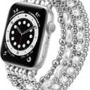 Beaded Bracelet Compatible with Apple Watch Band 41mm 40mm 38mm 42(Series10) Women, Stainless Steel Gold & Silver Beads, Cute Handmade Elastic Stretch Strap for iWatch Series SE 10 9 8 7 6 5 4 3 2 1