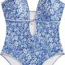SOLY HUX Women's One Piece Swimsuit Floral Halter Deep V Neck Bathing Suit Boho Summer Swimwear (Blue, L)