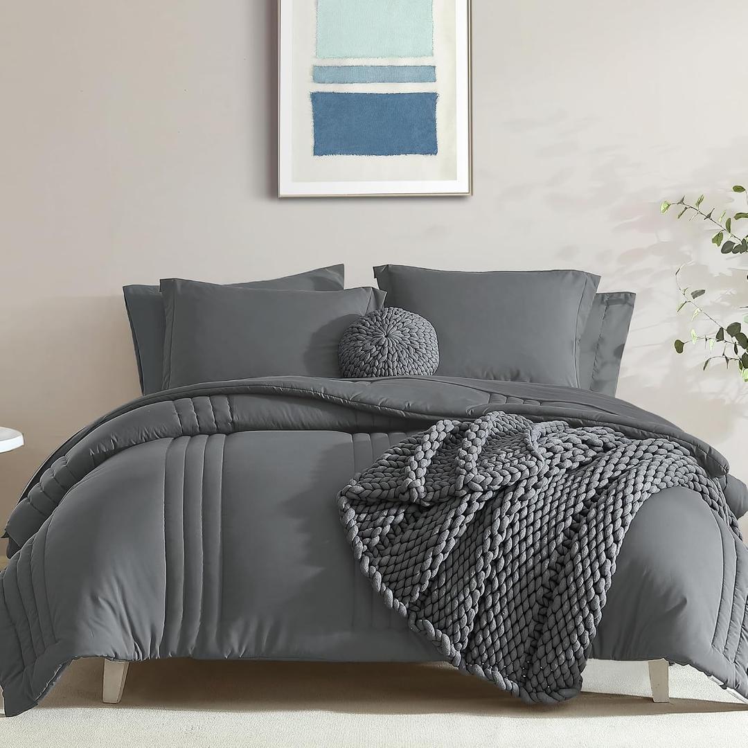 Monbix King Size Comforter Set - 7 Pieces Bed in a Bag King, Grey Bedding Sets with Comforter, All Seasons Comforter Bed Set with Sheets, Pillowcases & Shams